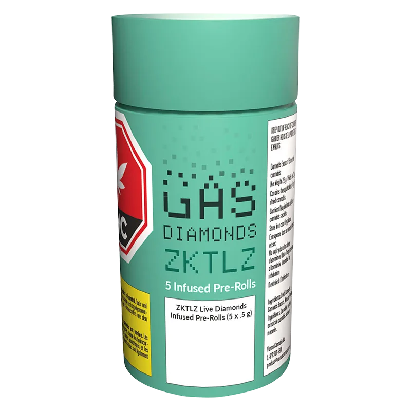 Front three-quarter view of a teal canister labeled ZKTLZ Live Diamonds Infused PR 5 x 0.5 g showing pixelated "GAS DIAMONDS ZKTLZ" text and warning labels.
