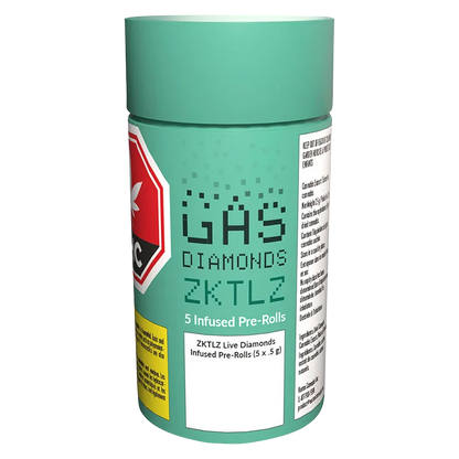 Front three-quarter view of a teal canister labeled ZKTLZ Live Diamonds Infused PR 5 x 0.5 g showing pixelated "GAS DIAMONDS ZKTLZ" text and warning labels.
