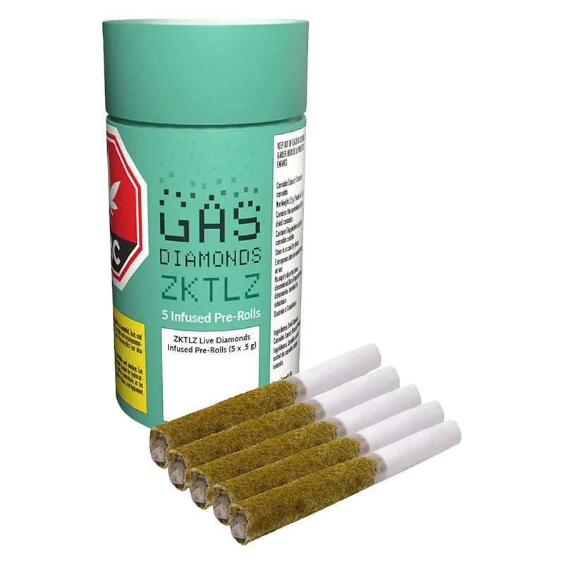 Angled front view of a teal canister labeled ZKTLZ Live Diamonds Infused PR 5 x 0.5 g with five coated pre-rolls fanned in front.