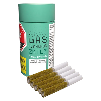 Angled front view of a teal canister labeled ZKTLZ Live Diamonds Infused PR 5 x 0.5 g with five coated pre-rolls fanned in front.