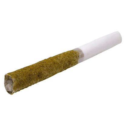 Angled close-up of a kief-coated joint with white filter, labeled ZKTLZ Live Diamonds Infused PR 5 x 0.5 g.