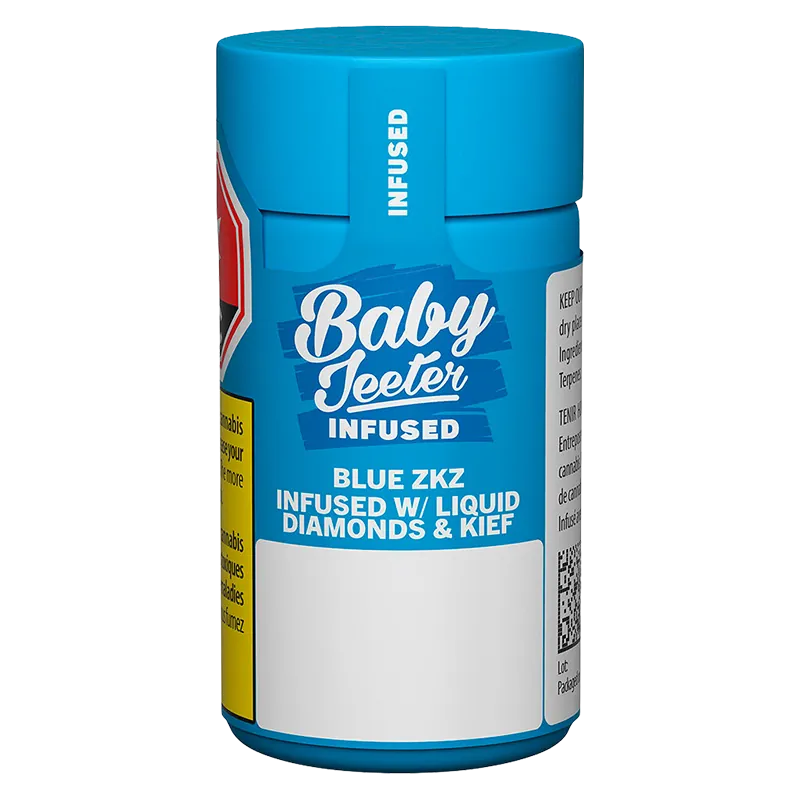 Close-up front view of the Baby Jeeter Blue ZKZ Infused PR 5 x 0.5 g blue cylindrical container showing bold white branding and a blank white label panel.