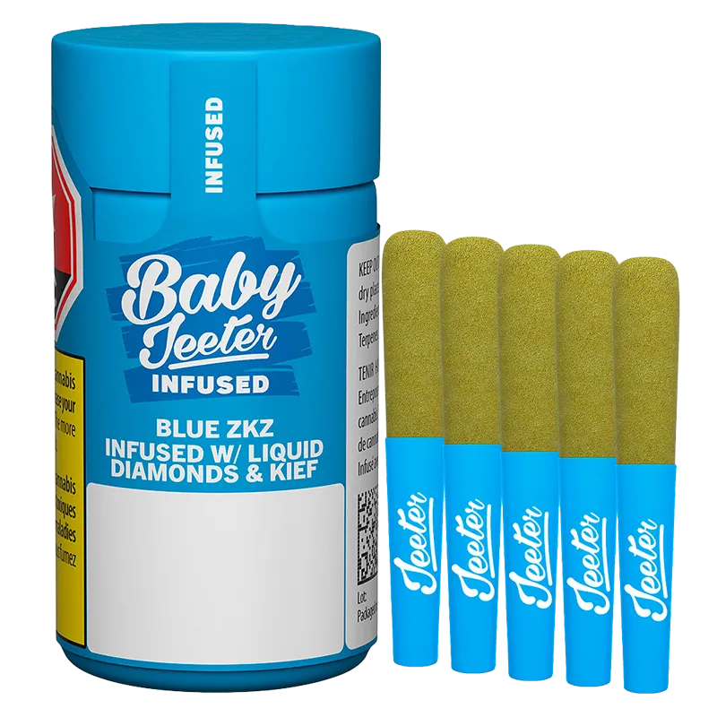 Close-up of a blue Baby Jeeter Blue ZKZ Infused PR 5 x 0.5 g container standing next to five matching pre-rolls with blue tips on a white background.