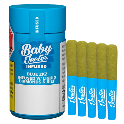 Close-up of a blue Baby Jeeter Blue ZKZ Infused PR 5 x 0.5 g container standing next to five matching pre-rolls with blue tips on a white background.