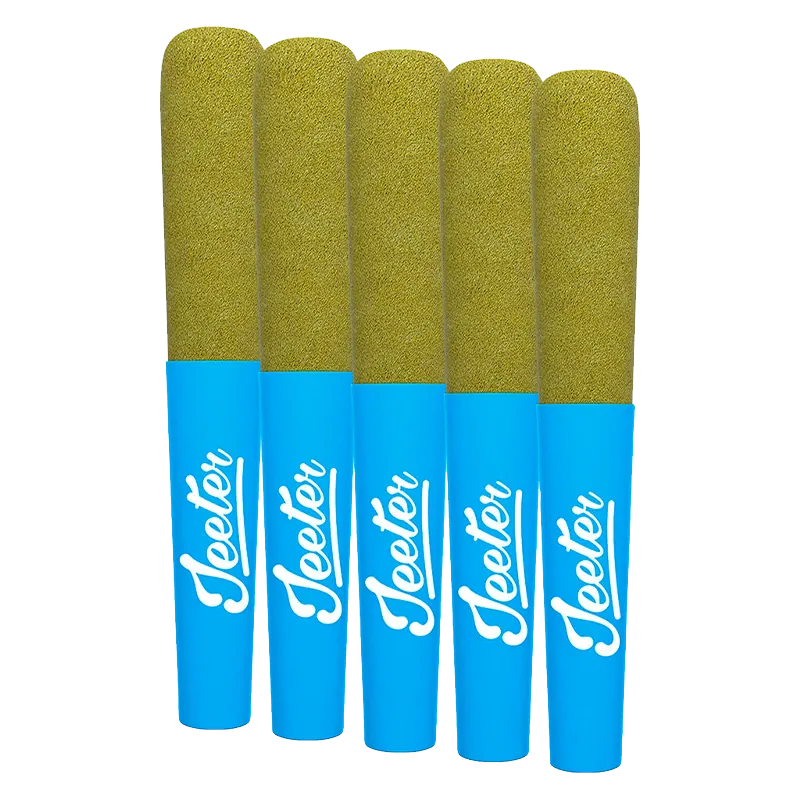 Five upright Baby Jeeter Blue ZKZ Infused PR 5 x 0.5 g pre-rolls with blue labeled cones and greenish packed tips against a white background