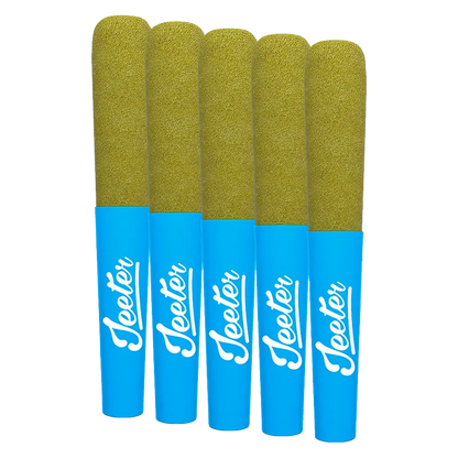 Five upright Baby Jeeter Blue ZKZ Infused PR 5 x 0.5 g pre-rolls with blue labeled cones and greenish packed tips against a white background