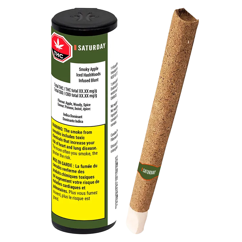 Angled view of a Smoky Apple Iced HashWoods Hash Infused PR 1 x 1 g blunt standing beside its green, white, and yellow cylindrical packaging, lit from the front.