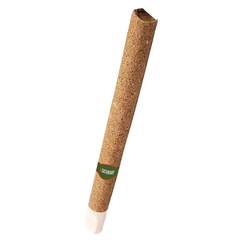Diagonal close-up of a cork-colored Smoky Apple Iced HashWoods Hash Infused PR 1 x 1 g blunt with a green "Saturday" band near the filter.