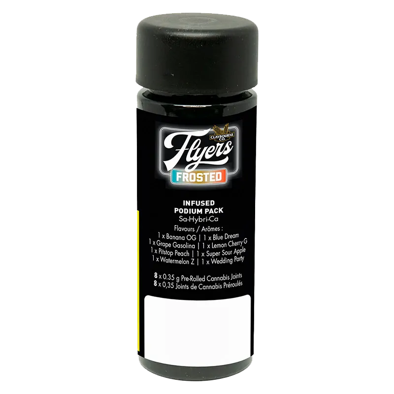 Tall front view of a black bottle labeled Flyers Frosted Podium Pack Infused PR 8 x 0.35 g against a white background