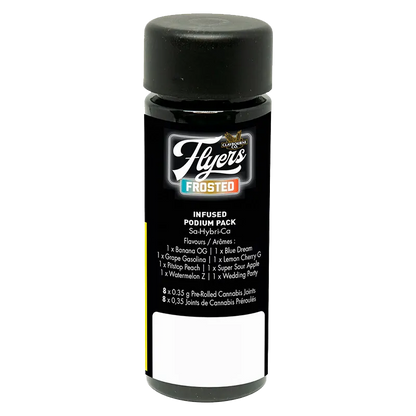 Tall front view of a black bottle labeled Flyers Frosted Podium Pack Infused PR 8 x 0.35 g against a white background