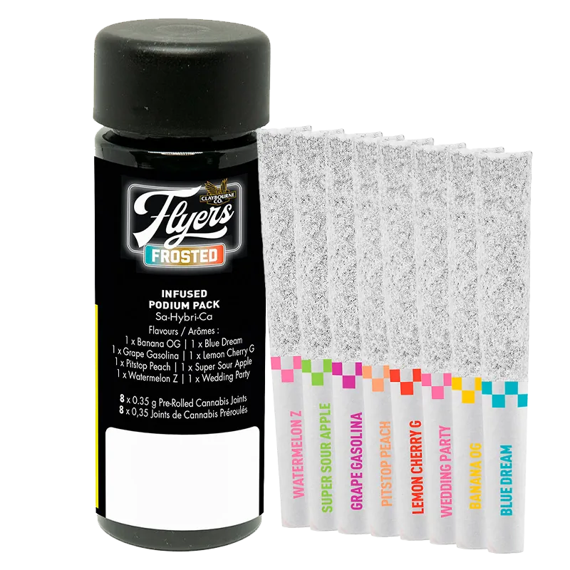 Front-facing shot of a black jar and eight frosted pre-rolls labeled and arranged upright next to it, showing the Flyers Frosted Podium Pack Infused PR 8 x 0.35 g.