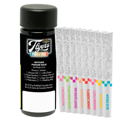Front-facing shot of a black jar and eight frosted pre-rolls labeled and arranged upright next to it, showing the Flyers Frosted Podium Pack Infused PR 8 x 0.35 g.