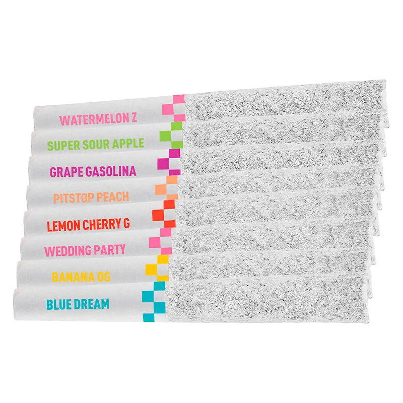 Top-down view of eight Frosted Podium Pack Infused PR 8 x 0.35 g Flyers, each labeled with colorful strain names and filled ends visible on a white background