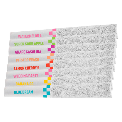 Top-down view of eight Frosted Podium Pack Infused PR 8 x 0.35 g Flyers, each labeled with colorful strain names and filled ends visible on a white background
