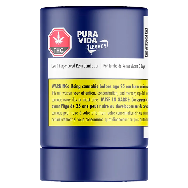 Front-facing close-up of the blue Pura Vida Legacy D Burger Cured Resin Jumbo Jar showing the white label and prominent yellow health warning.