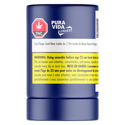 Front-facing close-up of the blue Pura Vida Legacy D Burger Cured Resin Jumbo Jar showing the white label and prominent yellow health warning.