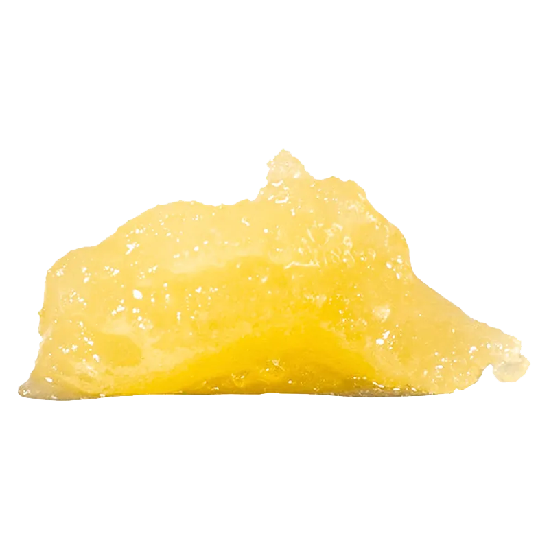 Close-up, front view of a glossy yellow concentrate mound labeled D Burger Cured Resin Jumbo Jar against a white background