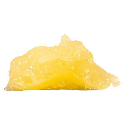 Close-up, front view of a glossy yellow concentrate mound labeled D Burger Cured Resin Jumbo Jar against a white background