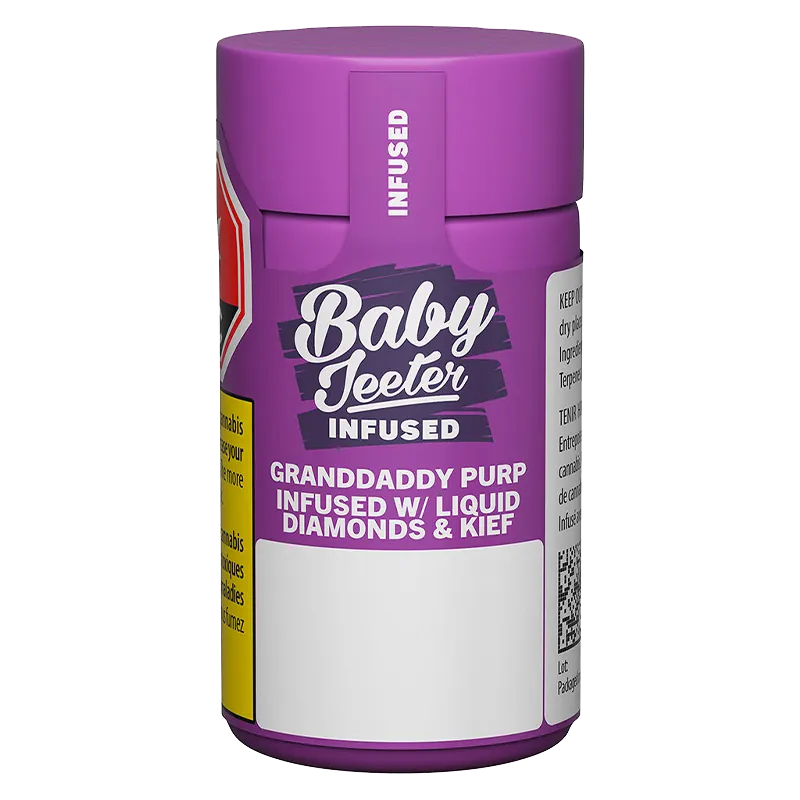 Straight-on view of a purple cylindrical container labeled "Baby Jeeter Granddaddy Purp Infused PR 5 x 0.5 g" with bold white text.