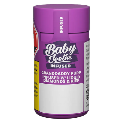 Straight-on view of a purple cylindrical container labeled "Baby Jeeter Granddaddy Purp Infused PR 5 x 0.5 g" with bold white text.