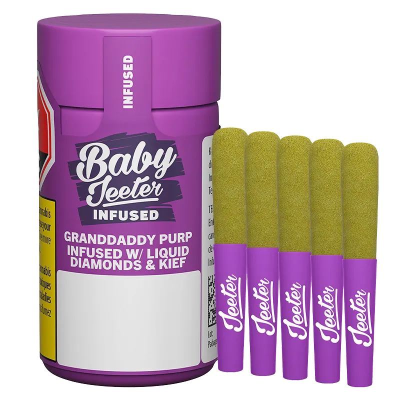 Front view of a purple Baby Jeeter Granddaddy Purp Infused PR 5 x 0.5 g tub with five matching purple‑banded pre-rolls lined up beside it.