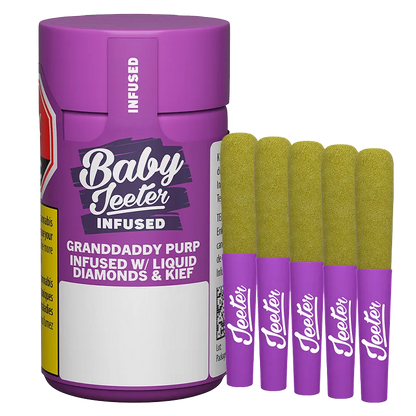Front view of a purple Baby Jeeter Granddaddy Purp Infused PR 5 x 0.5 g tub with five matching purple‑banded pre-rolls lined up beside it.
