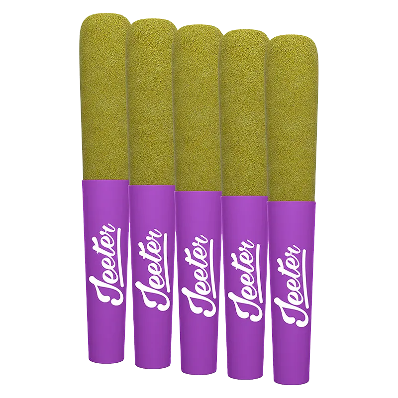 Top-down view of five purple‑sleeved Baby Jeeter Granddaddy Purp Infused PR 5 x 0.5 g pre-rolls with olive‑green textured tips arranged side by side.