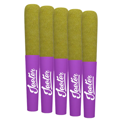 Top-down view of five purple‑sleeved Baby Jeeter Granddaddy Purp Infused PR 5 x 0.5 g pre-rolls with olive‑green textured tips arranged side by side.