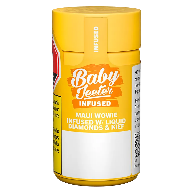 Front view of a bright yellow Baby Jeeter Maui Wowie Infused PR 3 x 0.5 g canister with bold white logo and product text centered on the label
