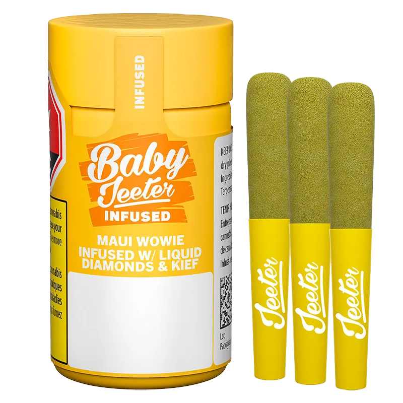 Front-facing shot of a yellow Baby Jeeter Maui Wowie Infused PR 3 x 0.5 g container beside three matching pre-rolls with green-coated tips and white "Jeeter" logos.