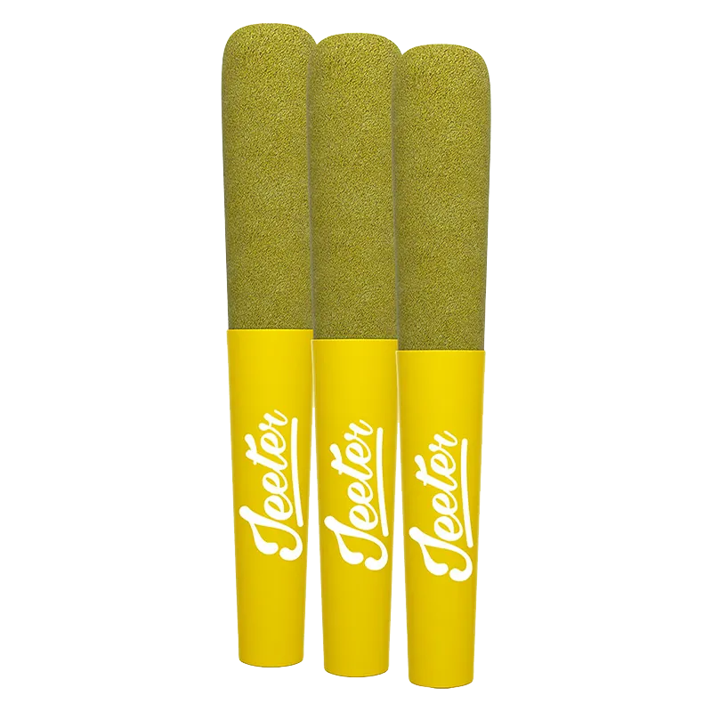 Three upright yellow and green pre-rolls photographed front-on labeled "Baby Jeeter Maui Wowie Infused PR 3 x 0.5 g."