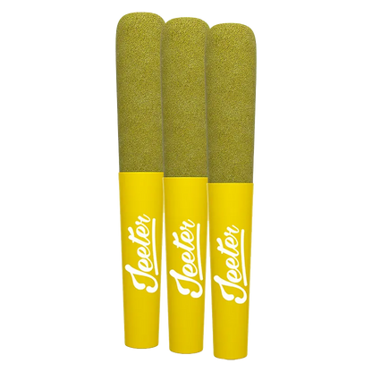 Three upright yellow and green pre-rolls photographed front-on labeled "Baby Jeeter Maui Wowie Infused PR 3 x 0.5 g."