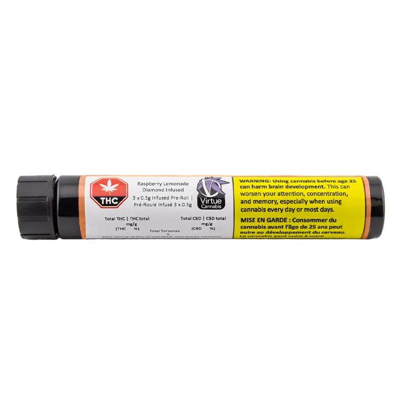 Horizontal studio shot of a plastic tube labeled Raspberry Lemonade Diamond Infused PR 3 x 0.5 g resting on a white background.