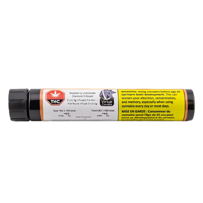 Horizontal studio shot of a plastic tube labeled Raspberry Lemonade Diamond Infused PR 3 x 0.5 g resting on a white background.