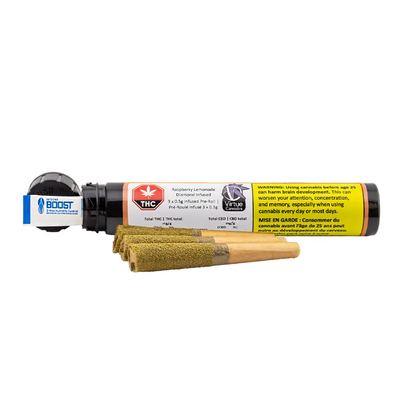 Side view of a clear tube of Raspberry Lemonade Diamond Infused PR 3 x 0.5 g with four pre-rolls lined up in front, labels and yellow warning visible.