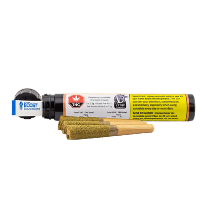 Side view of a clear tube of Raspberry Lemonade Diamond Infused PR 3 x 0.5 g with four pre-rolls lined up in front, labels and yellow warning visible.