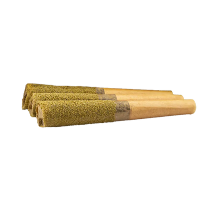 Close-up, low-angle view of three Raspberry Lemonade Diamond Infused PR 3 x 0.5 g pre-rolls lined up with greenish diamond coating on their tips.