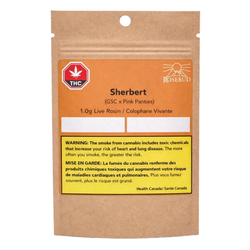 Front view of a kraft pouch labeled Sherbert Live Rosin with Rosebud logo and a yellow bilingual health warning.