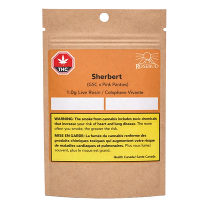 Front view of a kraft pouch labeled Sherbert Live Rosin with Rosebud logo and a yellow bilingual health warning.