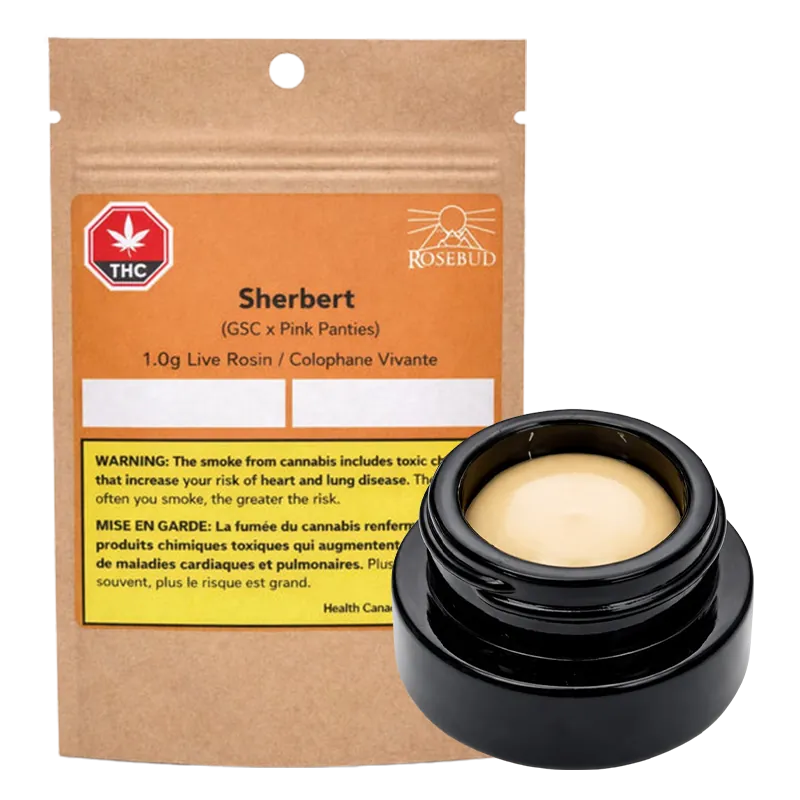 Packshot of a kraft pouch and open black jar of Rosebud Sherbert Live Rosin showing the tan, glossy concentrate and orange warning label.