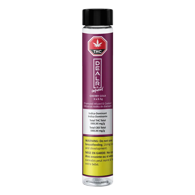 Tall front-facing tube on white background showing the Cherry Cola Infused PR 3 x 0.5 g with a purple label, black cap, and yellow warning panel.