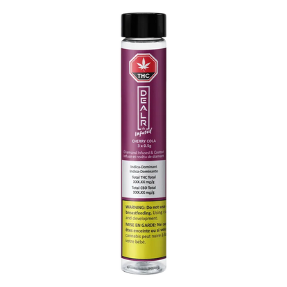 Tall front-facing tube on white background showing the Cherry Cola Infused PR 3 x 0.5 g with a purple label, black cap, and yellow warning panel.