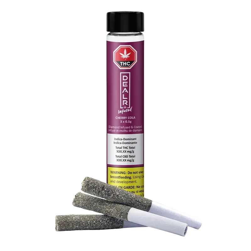 Straight-on product shot of a tall purple tube and three sugar-coated joints in front of it, labeled "Cherry Cola Infused PR 3 x 0.5 g."