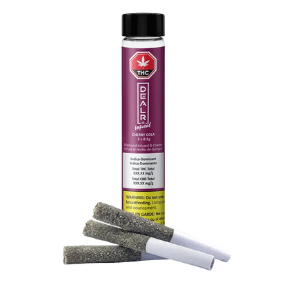 Straight-on product shot of a tall purple tube and three sugar-coated joints in front of it, labeled "Cherry Cola Infused PR 3 x 0.5 g."