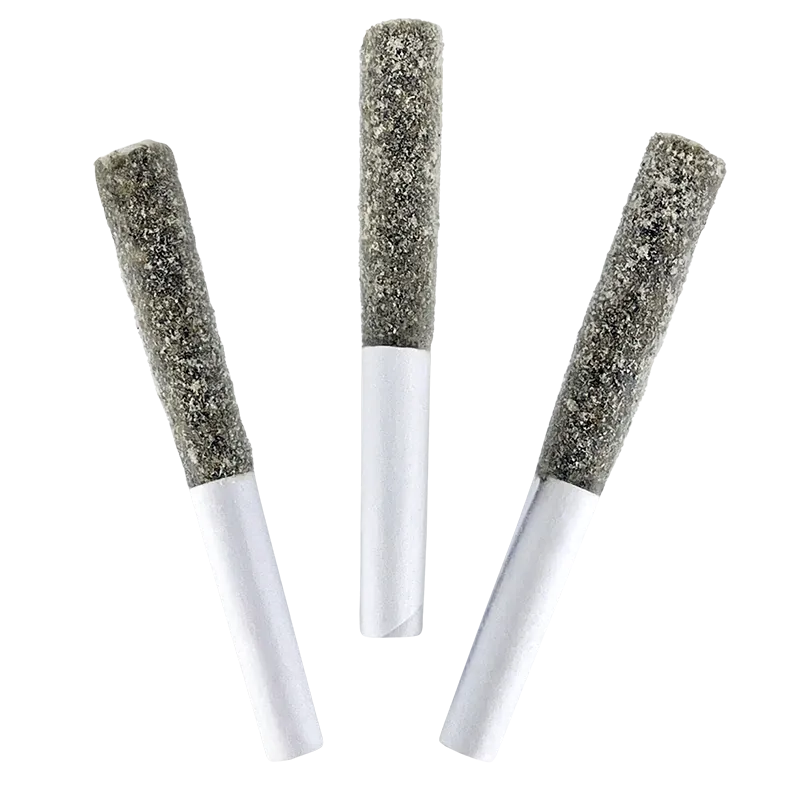 Top-down view of three Cherry Cola Infused PR 3 x 0.5 g pre-rolls with dark sugar-coated tips and white paper filters against a white background
