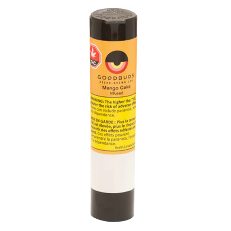 Vertical product shot of the Mango Cake Hash-Infused PR 3 x 0.5 g cylinder with a yellow label and black cap standing on a white surface