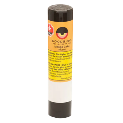 Vertical product shot of the Mango Cake Hash-Infused PR 3 x 0.5 g cylinder with a yellow label and black cap standing on a white surface