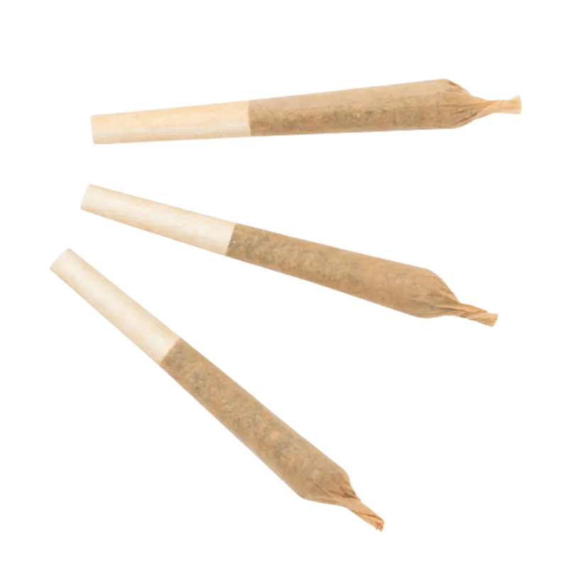 Three pre-rolled joints arranged diagonally on a white background, labeled Mango Cake Hash-Infused PR 3 x 0.5 g.