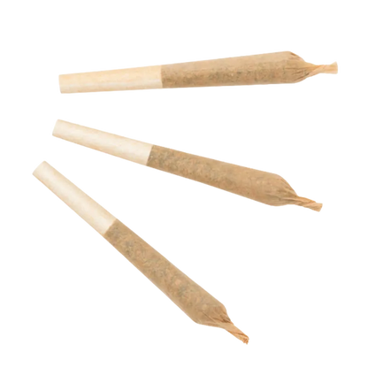 Three pre-rolled joints arranged diagonally on a white background, labeled Mango Cake Hash-Infused PR 3 x 0.5 g.