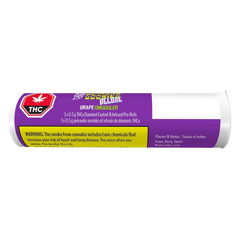 Horizontal product shot of the purple-tinted Grape Smuggler Infused PR 3 x 0.5 g tube showing its THC badge and yellow warning panel.